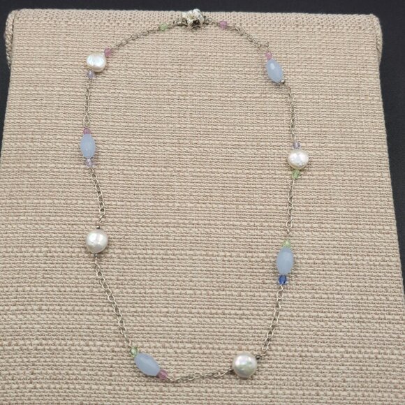 19.5 Inch Sterling Silver Genuine Pearls Flower Clasp Necklace A6583 - Picture 2 of 7